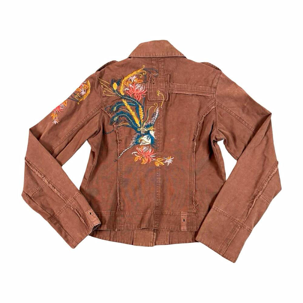 Aziz Women’s Brown Floral Embroidered Button Front Collared Jacket Size L